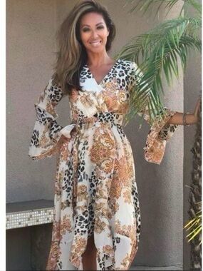 Une Ame High-Low Wrap Dress in White and Tan Paisley & Leopard